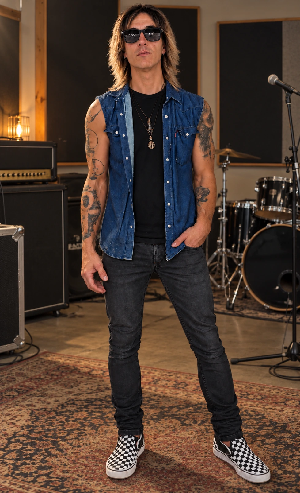 Anthony Picone in a warmly lit recording studio, wearing sunglasses, a denim vest, and black-and-white checkered sneakers