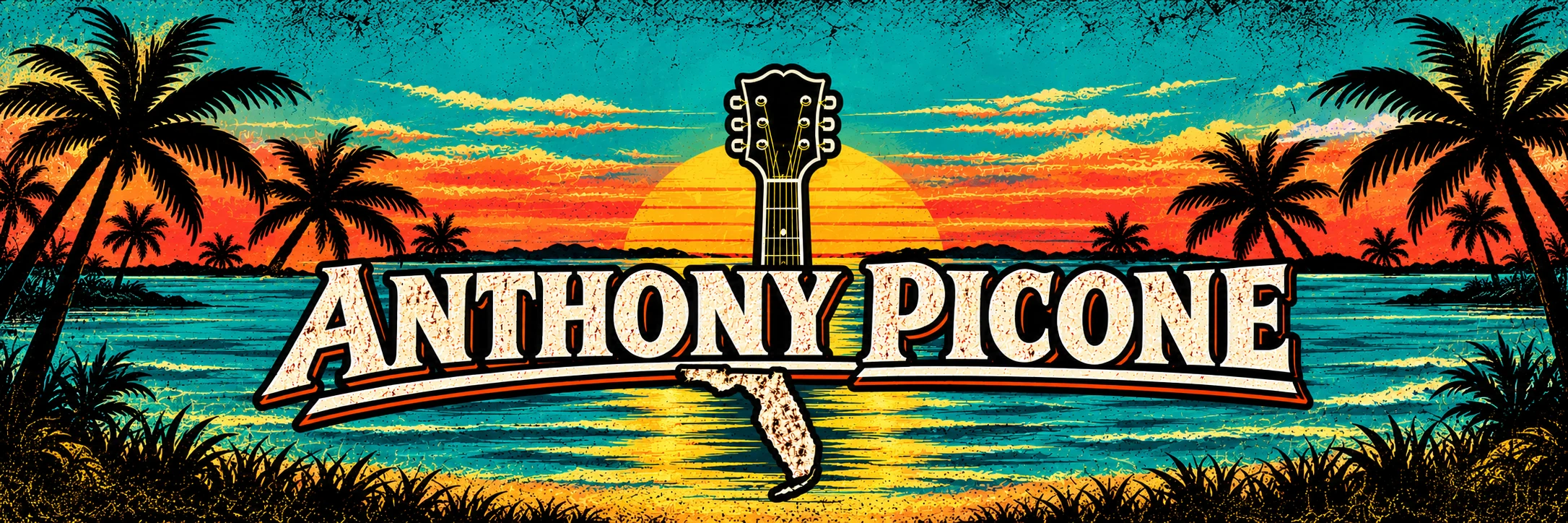 Anthony Picone in vintage rock lettering over a turquoise Florida sunset with palm trees and an acoustic guitar
